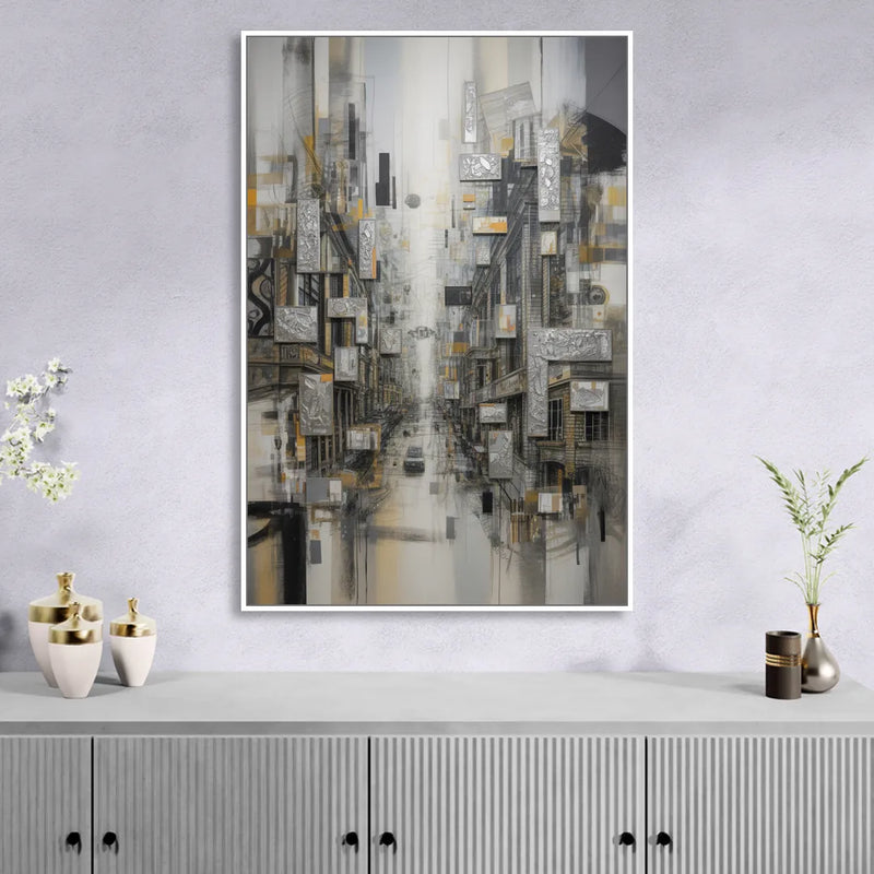 Sophisticated Cityscape Grey and Silver Abstract Living Room - White Canvas Wall Art