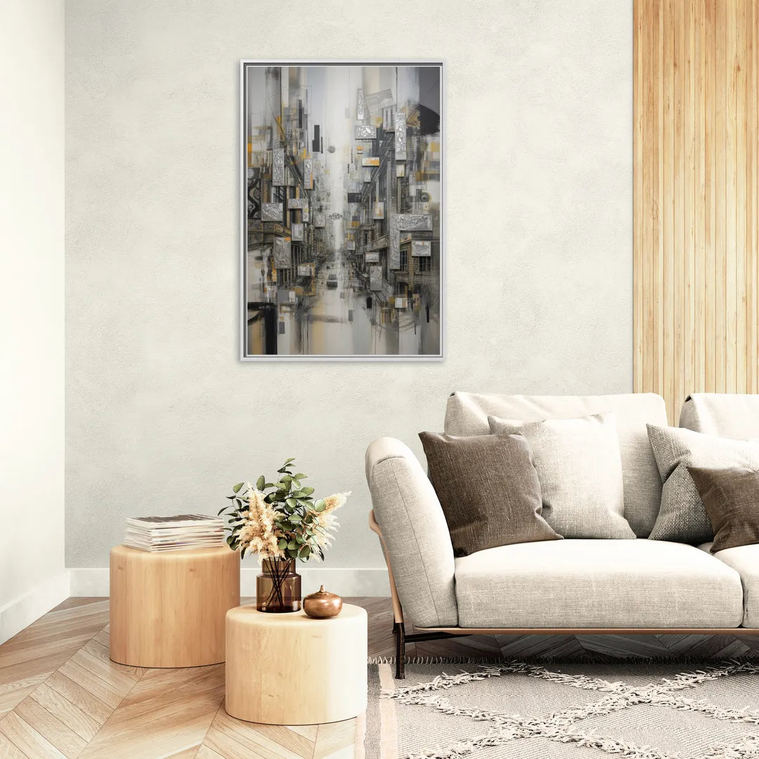Sophisticated Cityscape Grey and Silver Abstract - Living Room White Frame Canvas