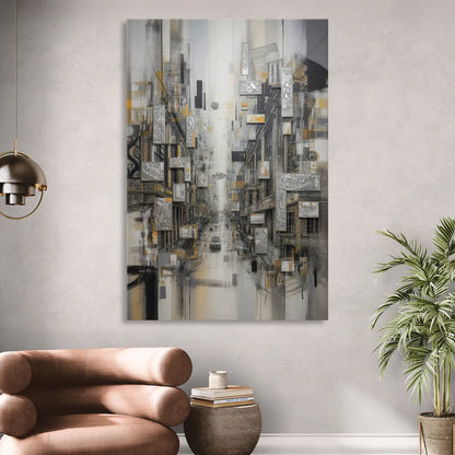 Sophisticated Cityscape Grey and Silver Abstract Sitting Room - Canvas Wall Art