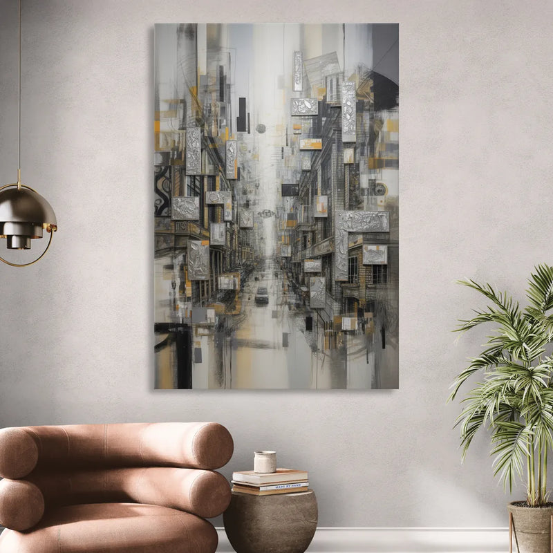 Sophisticated Cityscape Grey and Silver Abstract Sitting Room - Canvas Wall Art