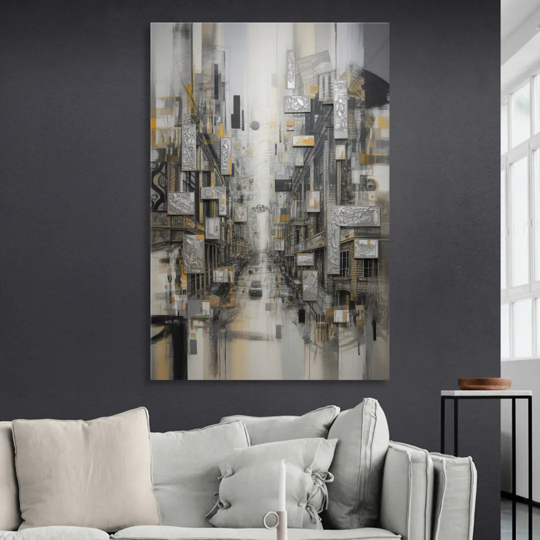 Sophisticated Cityscape Grey and Silver Abstract Living Room - Canvas Wall Art