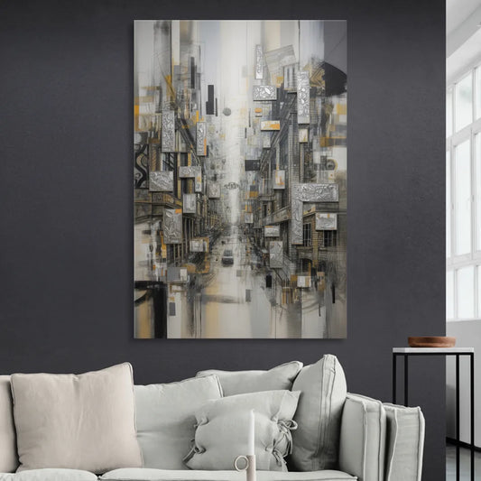 Sophisticated Cityscape Grey and Silver Abstract Living Room - Canvas Wall Art