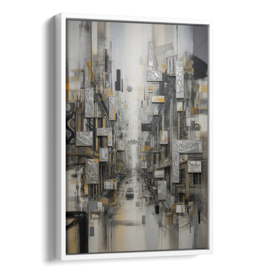 Sophisticated Cityscape Grey and Silver Abstract Side - White Canvas Wall Art