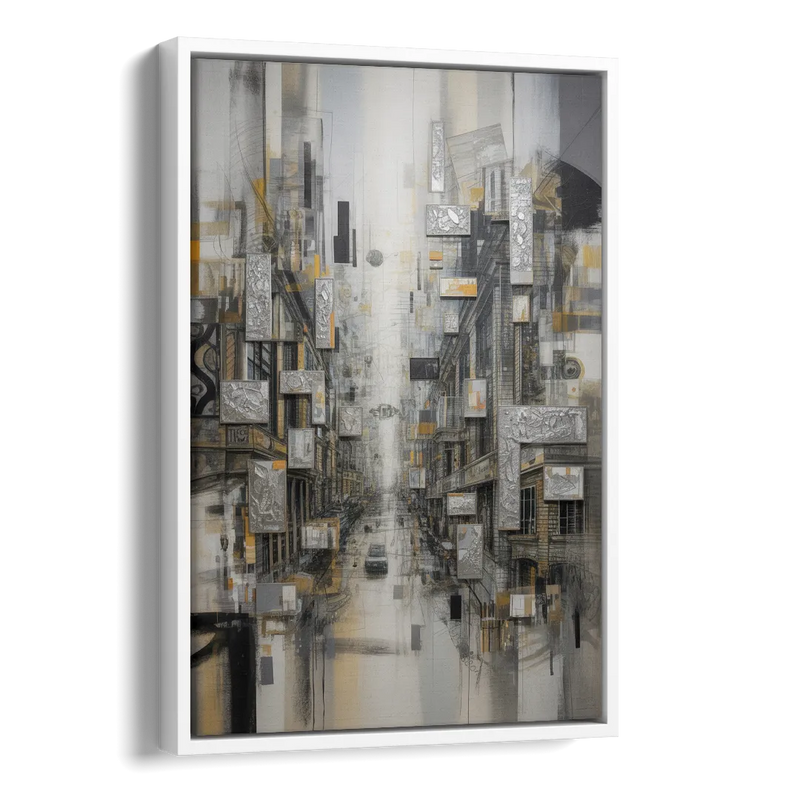Sophisticated Cityscape Grey and Silver Abstract Side - White Canvas Wall Art