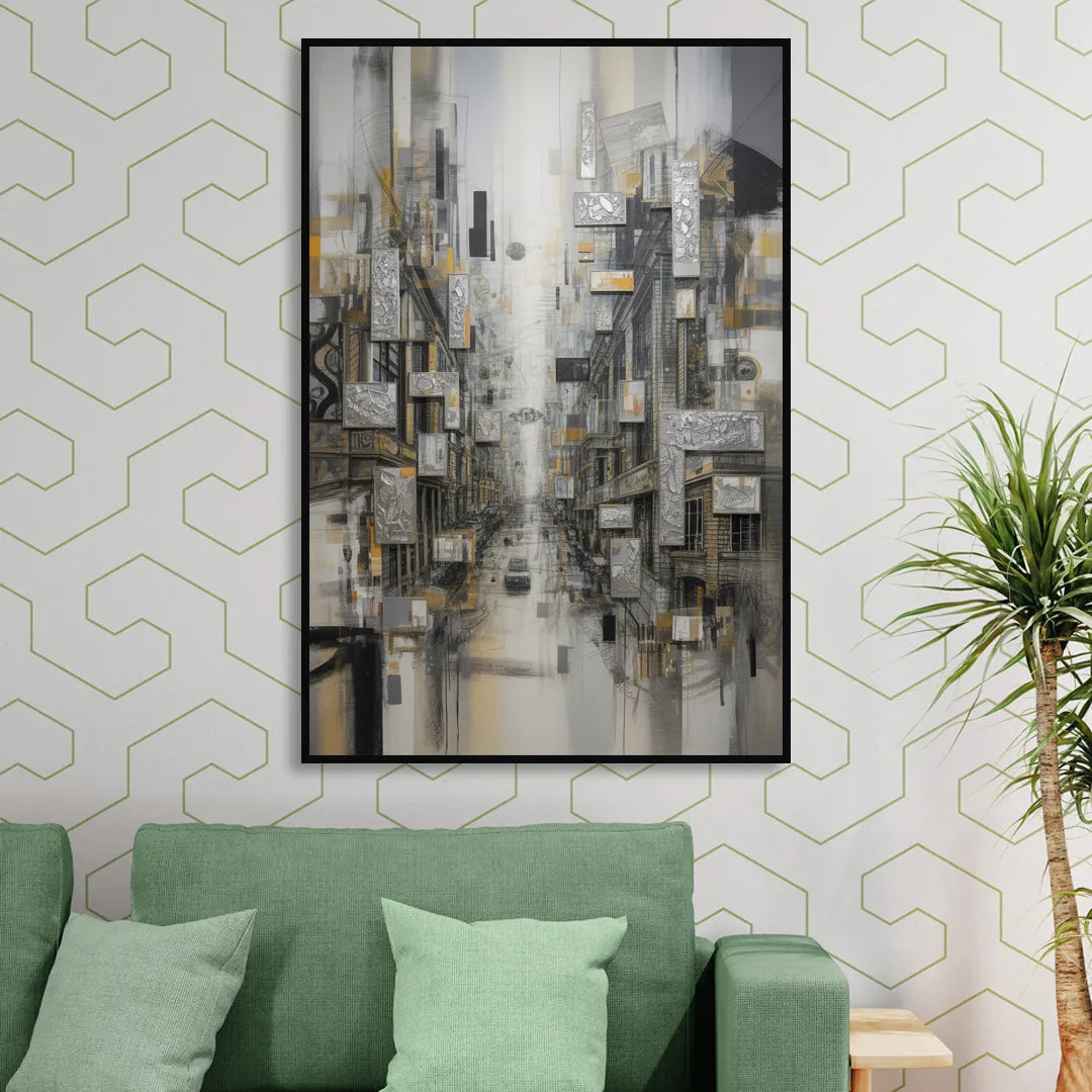 Sophisticated Cityscape Grey and Silver Abstract Sitting Room - Black Canvas Wall Art
