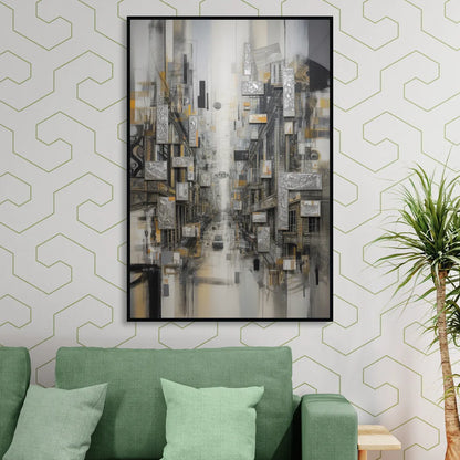Sophisticated Cityscape Grey and Silver Abstract Sitting Room - Black Canvas Wall Art