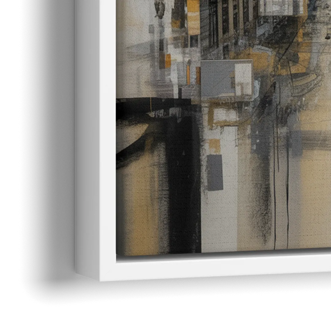 Sophisticated Cityscape Grey and Silver Abstract - Close-Up White Frame Canvas