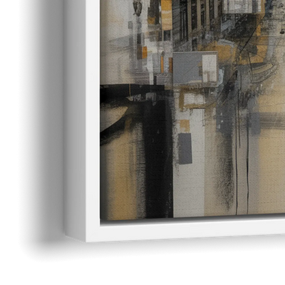 Sophisticated Cityscape Grey and Silver Abstract - Close-Up White Frame Canvas