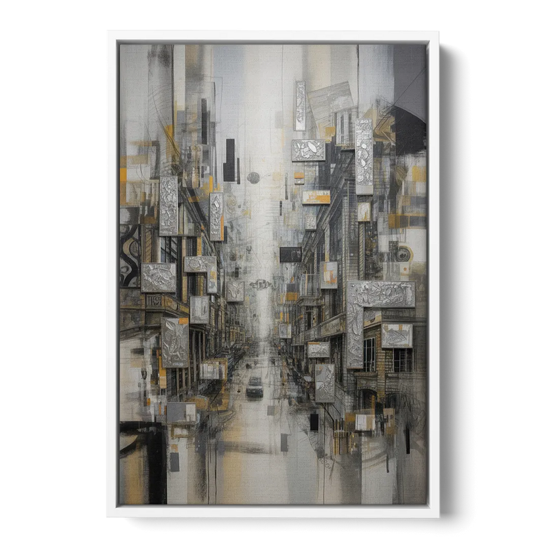 Sophisticated Cityscape Grey and Silver Abstract Front - White Canvas Wall Art