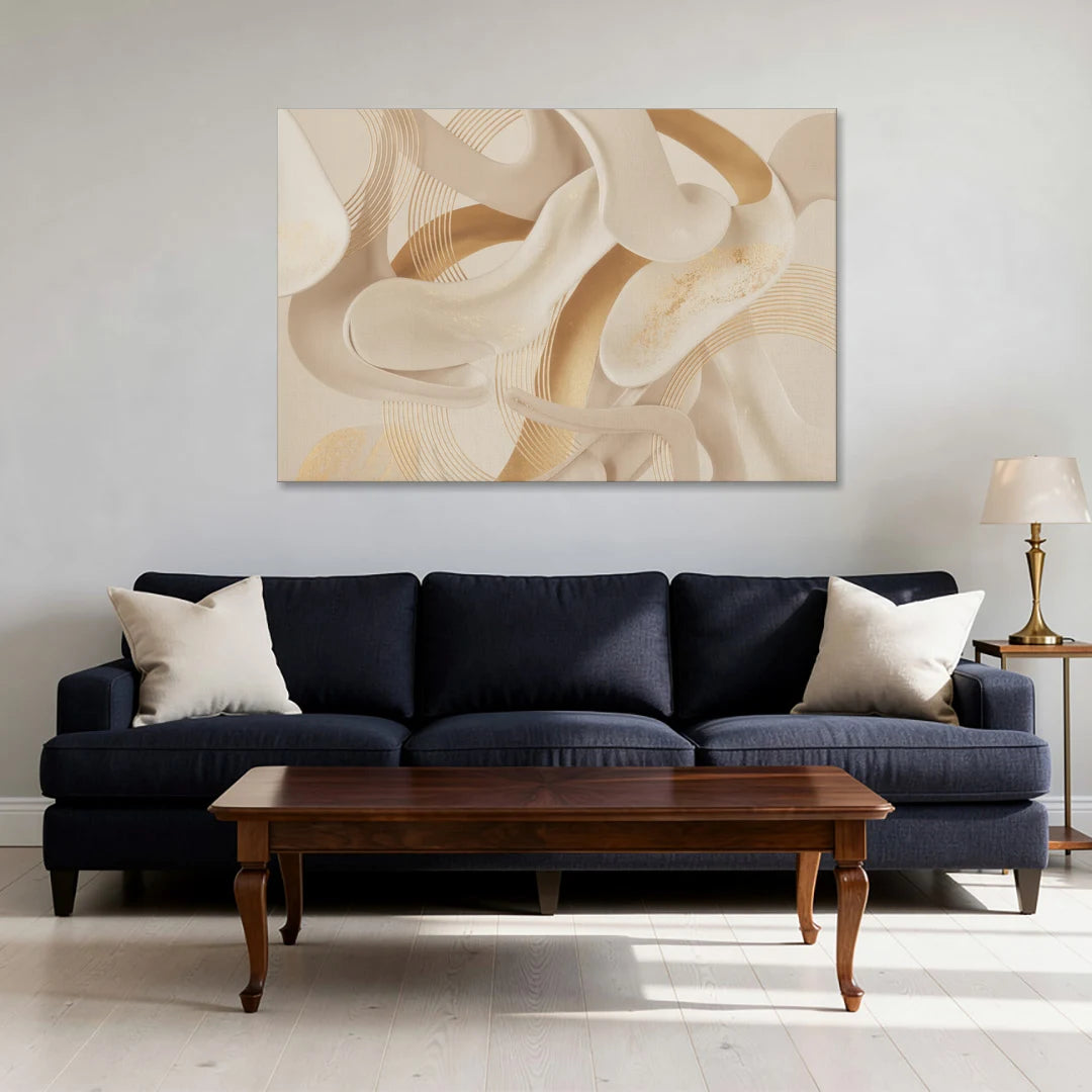 Sophisticated Fluidity Beige Abstract - Canvas Wall Art - Sofa - 48x32