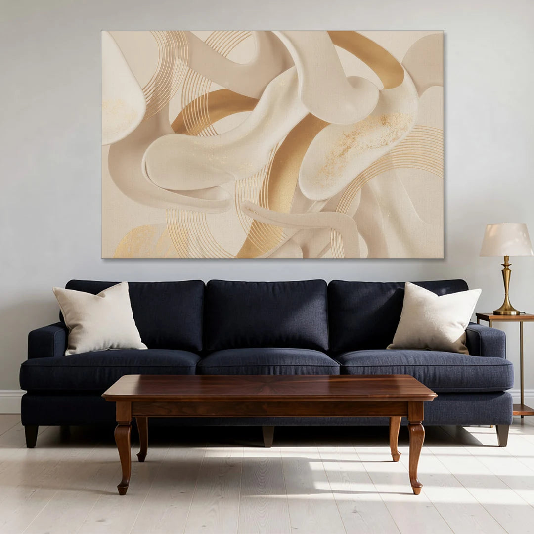 Sophisticated Fluidity Beige Abstract - Canvas Wall Art - Sofa - 60x40