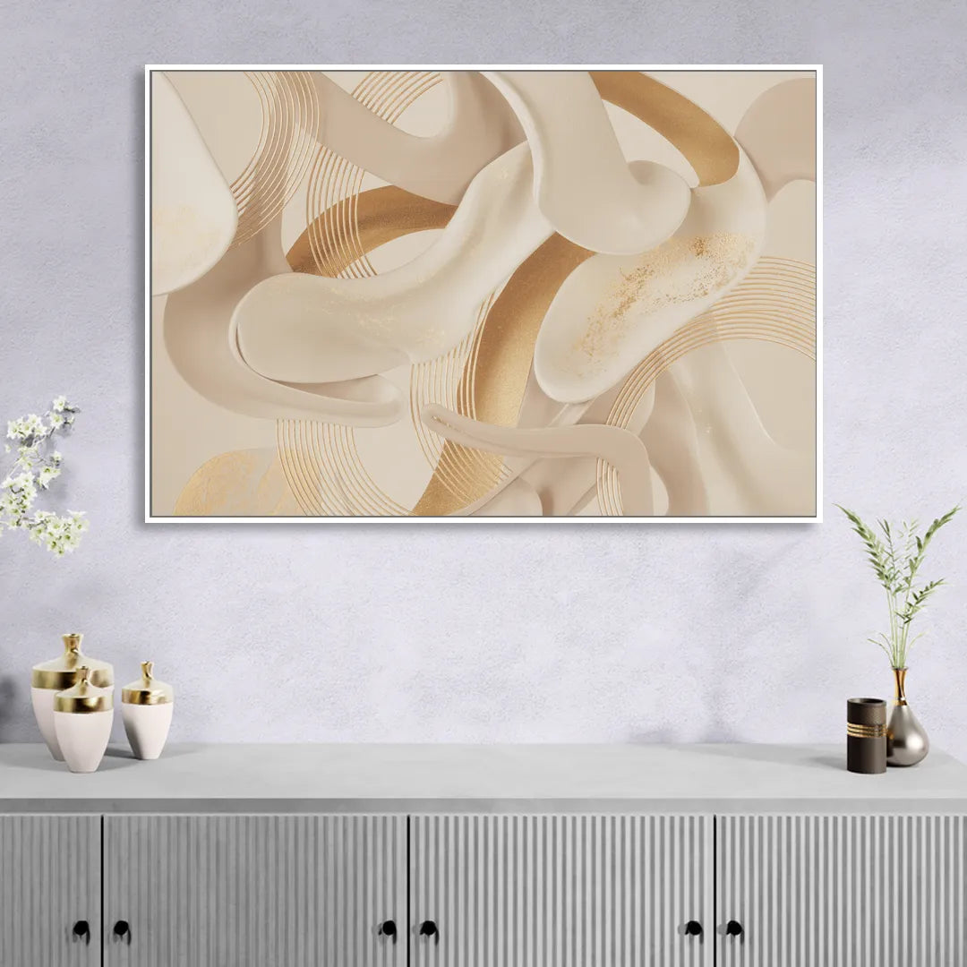 Sophisticated Fluidity Beige Abstract Living Room - White Canvas Wall Art