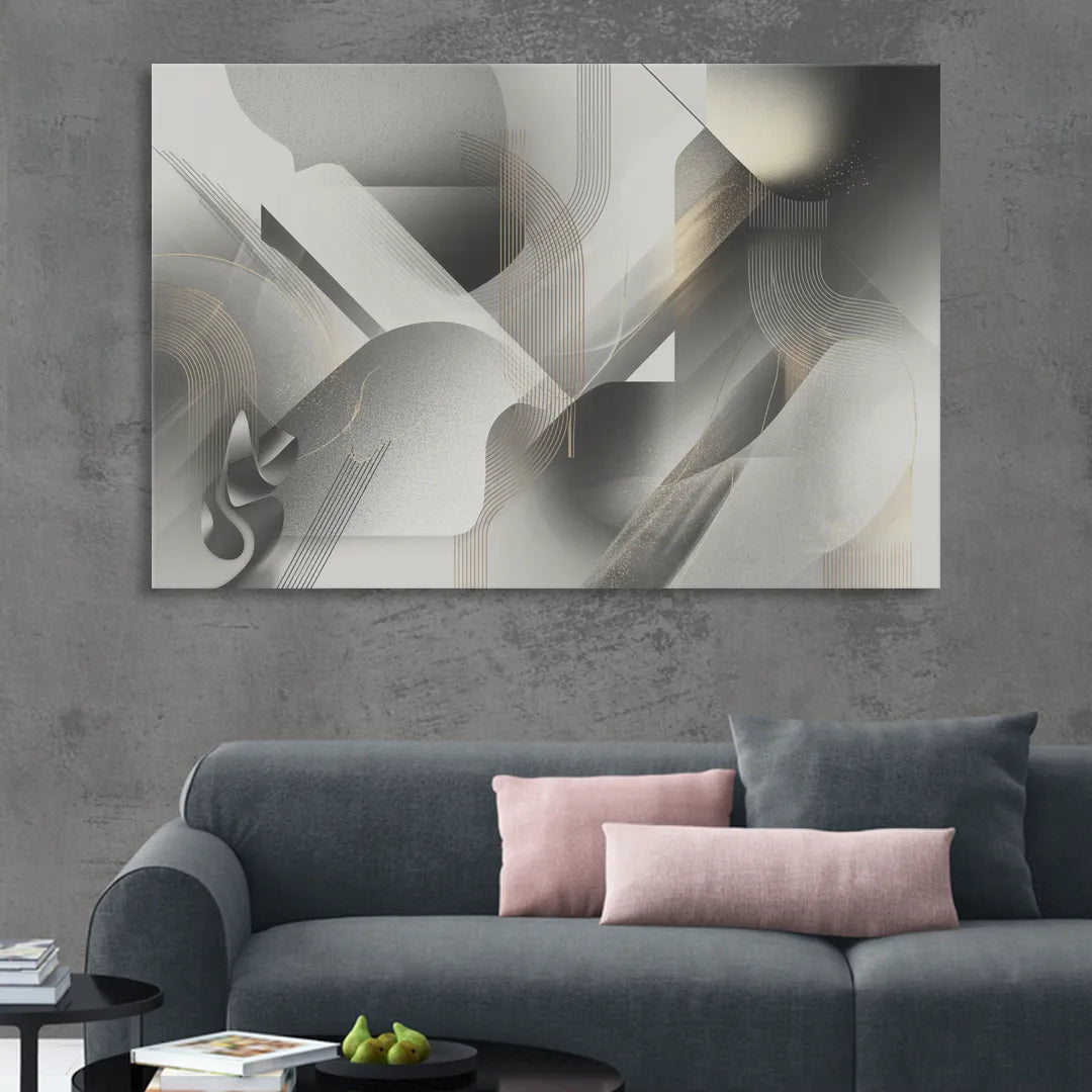 Sophisticated Fluidity Grey and White Abstract Living Room - Canvas Wall Art