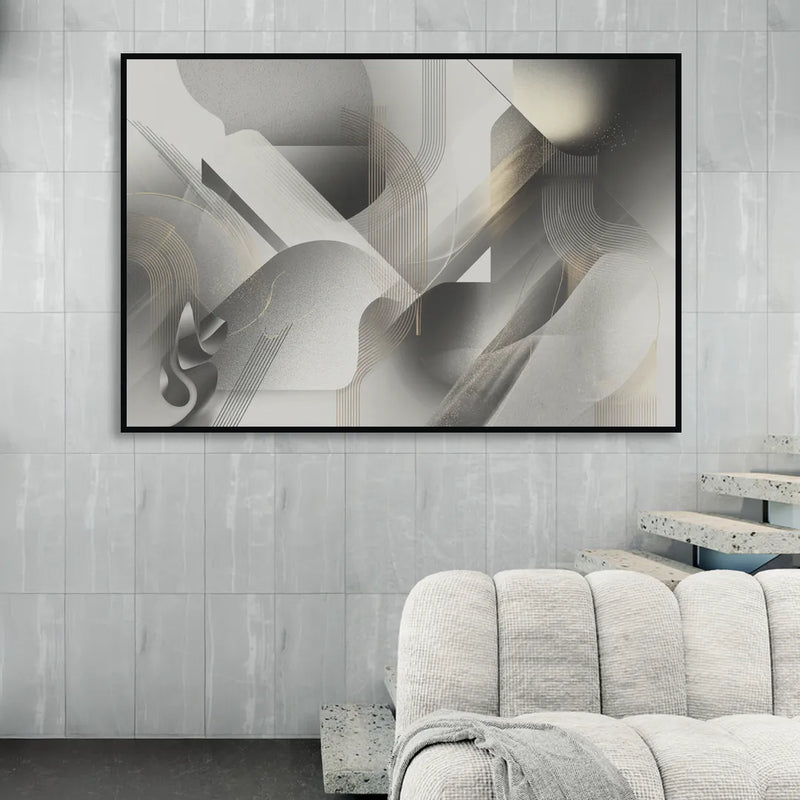 Sophisticated Fluidity Grey and White Abstract Sitting Room - Black Canvas Wall Art