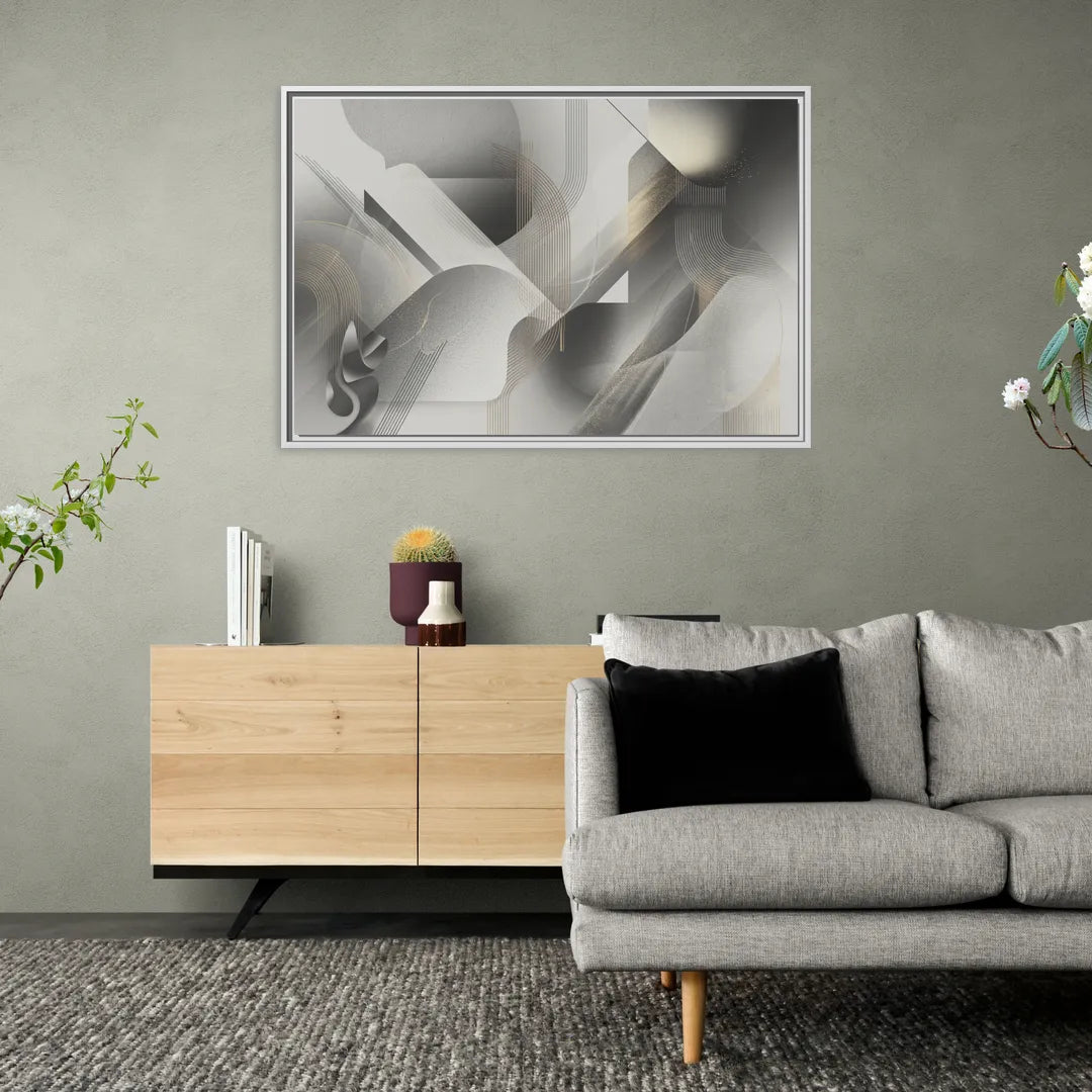 Sophisticated Fluidity Grey and White Abstract - Living Room White Frame Canvas