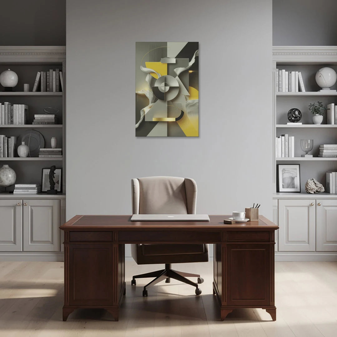 Sophisticated Geometric Fusion Yellow and Grey Abstract - Canvas Wall Art - Office - 24x36