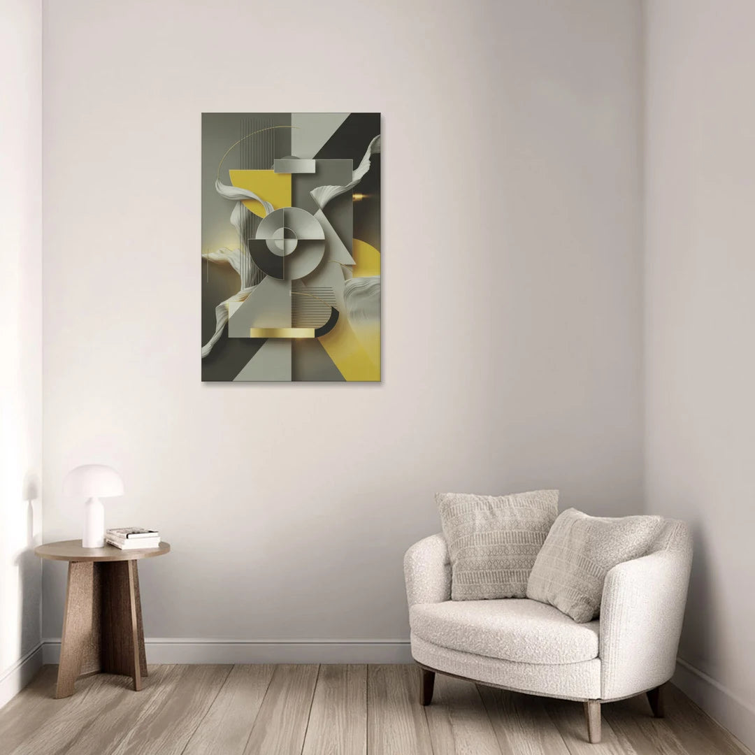 Sophisticated Geometric Fusion Yellow and Grey Abstract - Canvas Wall Art - Sofa - 24x36