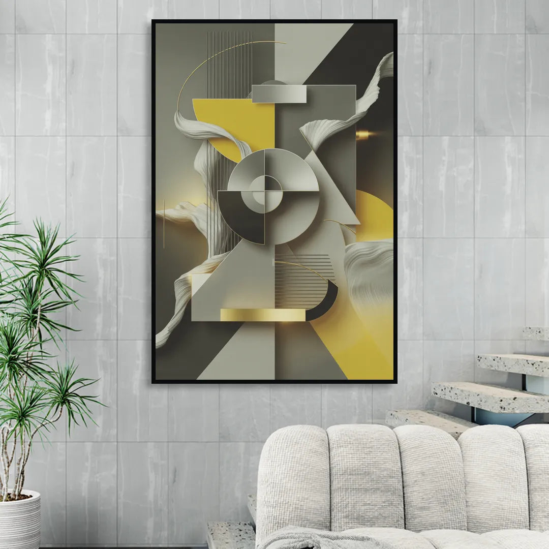 Sophisticated Geometric Fusion Yellow and Grey Abstract Living Room - Black Canvas Wall Art