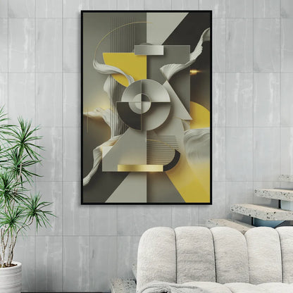 Sophisticated Geometric Fusion Yellow and Grey Abstract Living Room - Black Canvas Wall Art