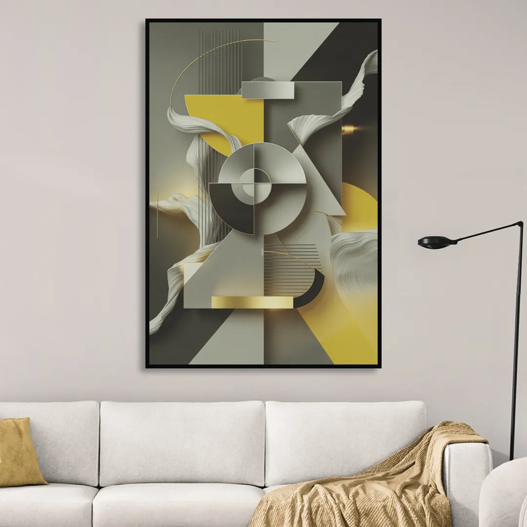 Sophisticated Geometric Fusion Yellow and Grey Abstract Sitting Room - Black Canvas Wall Art