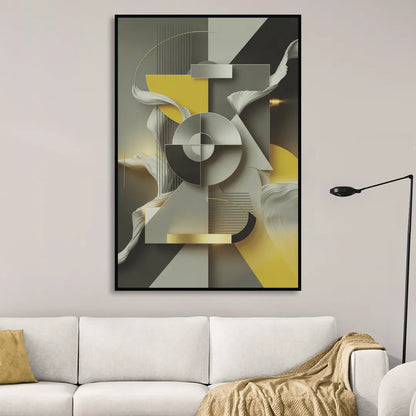 Sophisticated Geometric Fusion Yellow and Grey Abstract Sitting Room - Black Canvas Wall Art