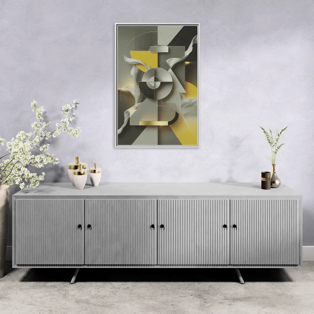 Sophisticated Geometric Fusion Yellow and Grey Abstract - Living Room White Frame Canvas