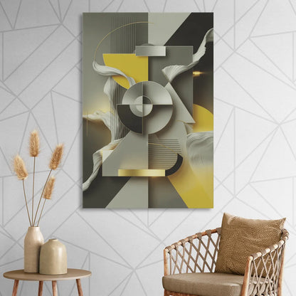 Sophisticated Geometric Fusion Yellow and Grey Abstract Sitting Room - Canvas Wall Art