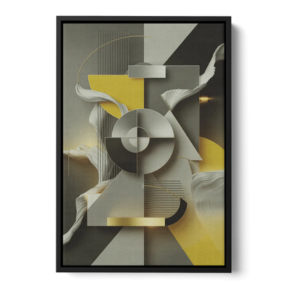 Sophisticated Geometric Fusion Yellow and Grey Abstract Front - Black Canvas Wall Art