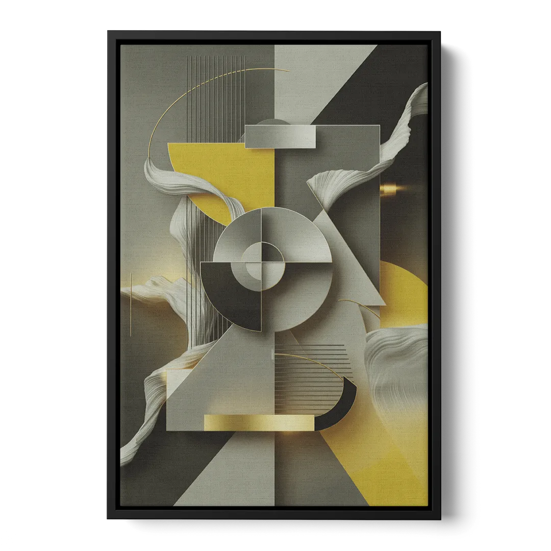Sophisticated Geometric Fusion Yellow and Grey Abstract - Black Frame Canvas