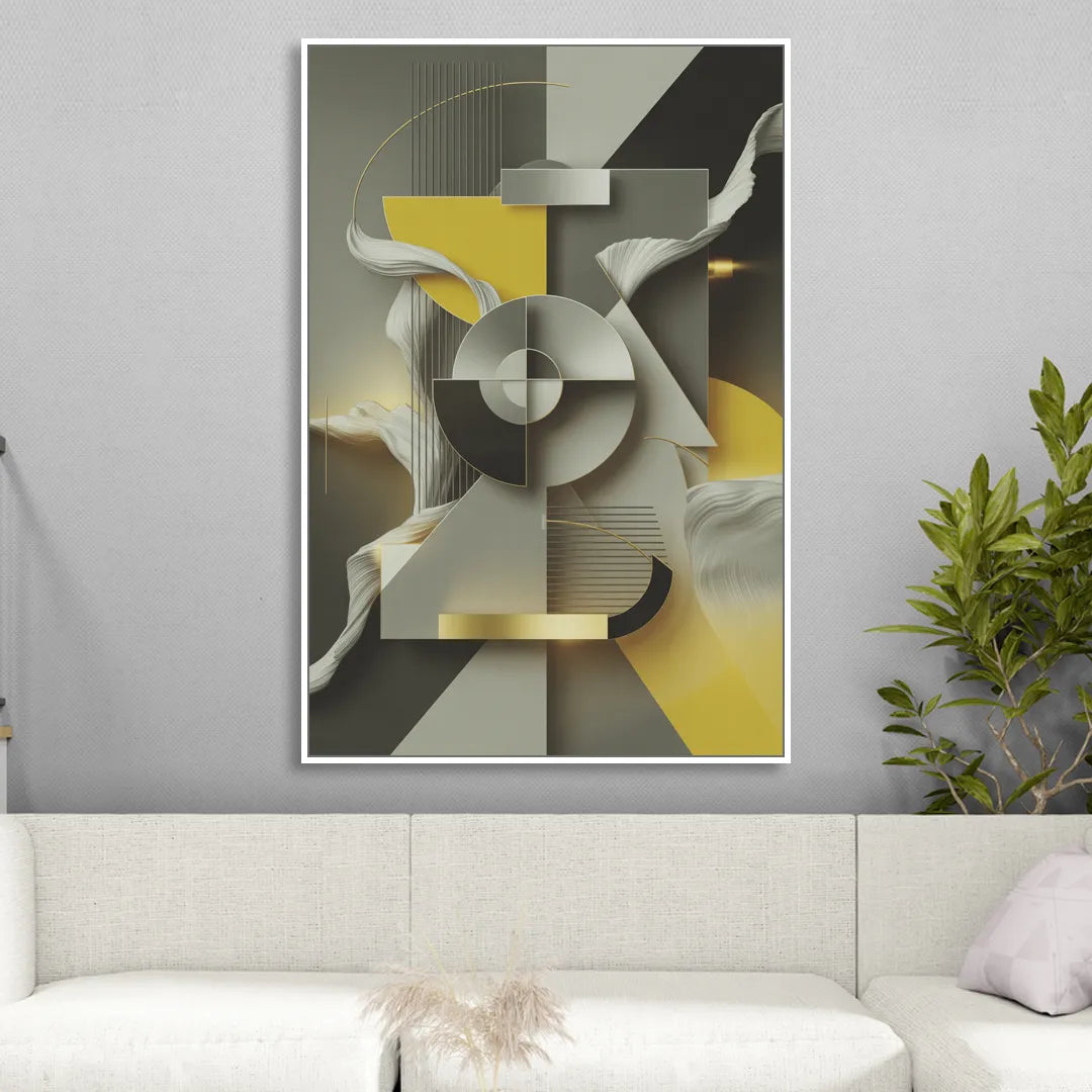 Sophisticated Geometric Fusion Yellow and Grey Abstract Living Room - White Canvas Wall Art