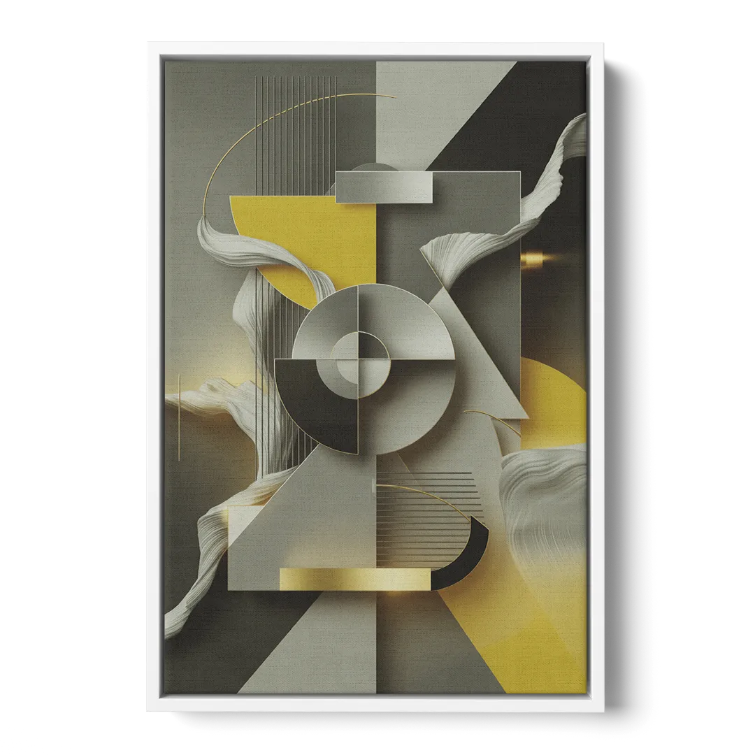 Sophisticated Geometric Fusion Yellow and Grey Abstract Front - White Canvas Wall Art