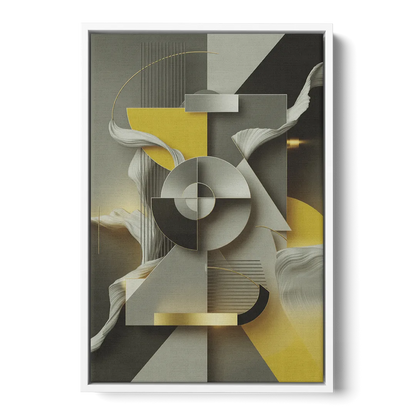 Sophisticated Geometric Fusion Yellow and Grey Abstract Front - White Canvas Wall Art