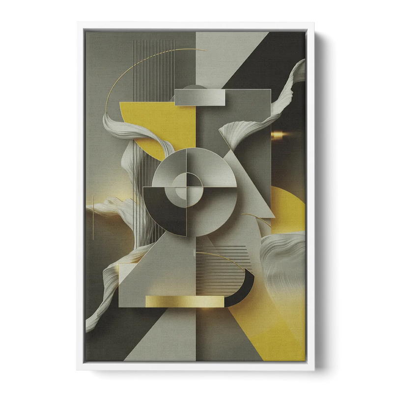 Sophisticated Geometric Fusion Yellow and Grey Abstract Front - White Canvas Wall Art