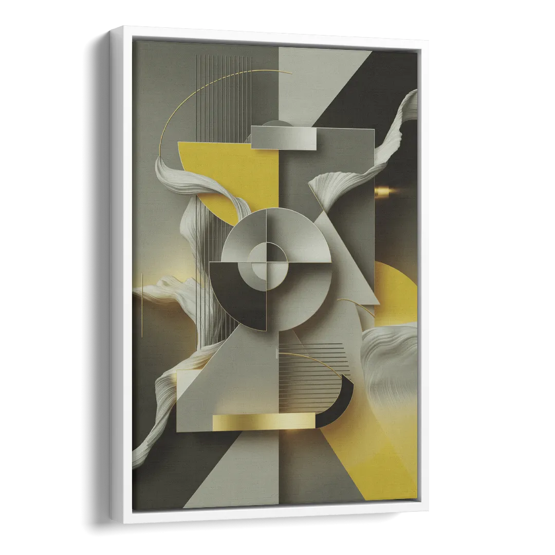 Sophisticated Geometric Fusion Yellow and Grey Abstract Side - White Canvas Wall Art