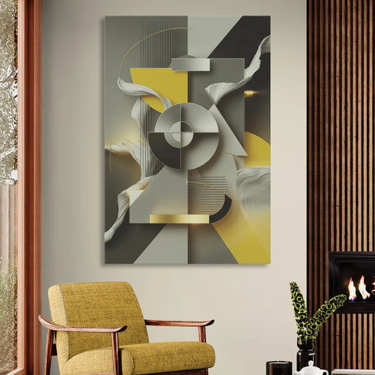Sophisticated Geometric Fusion Yellow and Grey Abstract Living Room - Canvas Wall Art