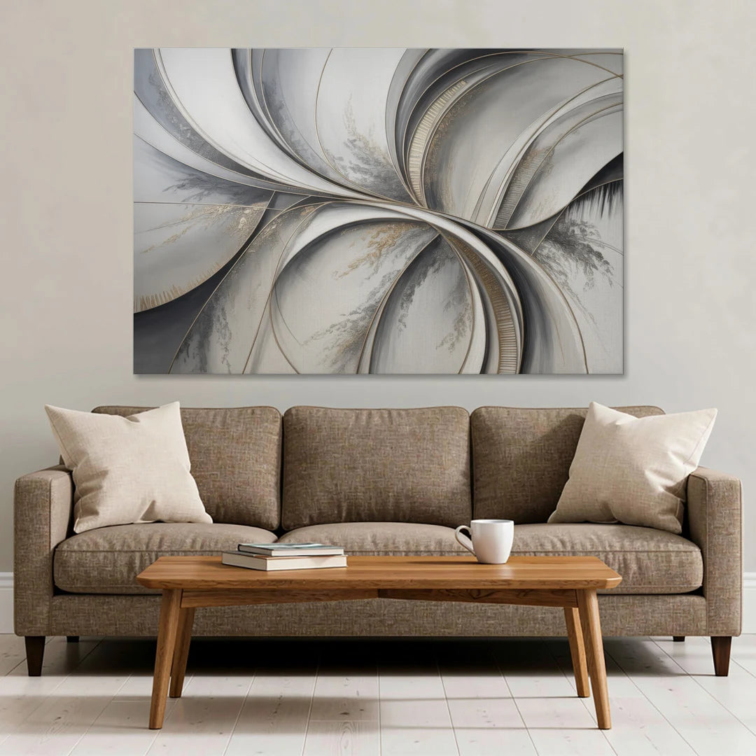 Sophisticated Harmony Grey and White Abstract - Canvas Wall Art - Sofa - 60x40