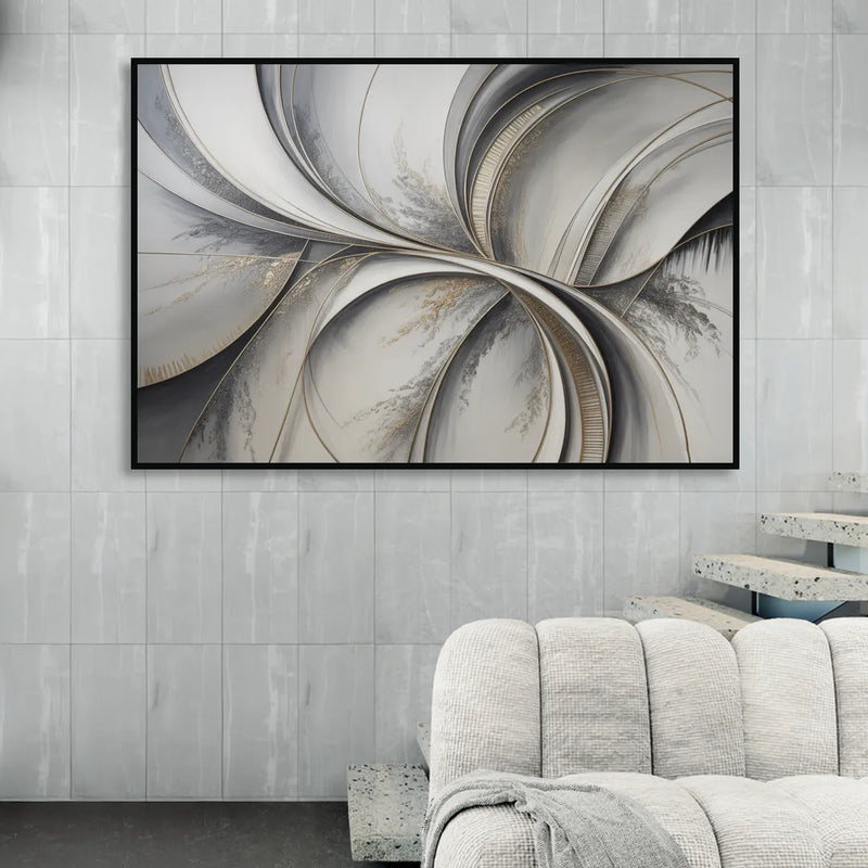 Sophisticated Harmony Grey and White Abstract Living Room - Black Canvas Wall Art