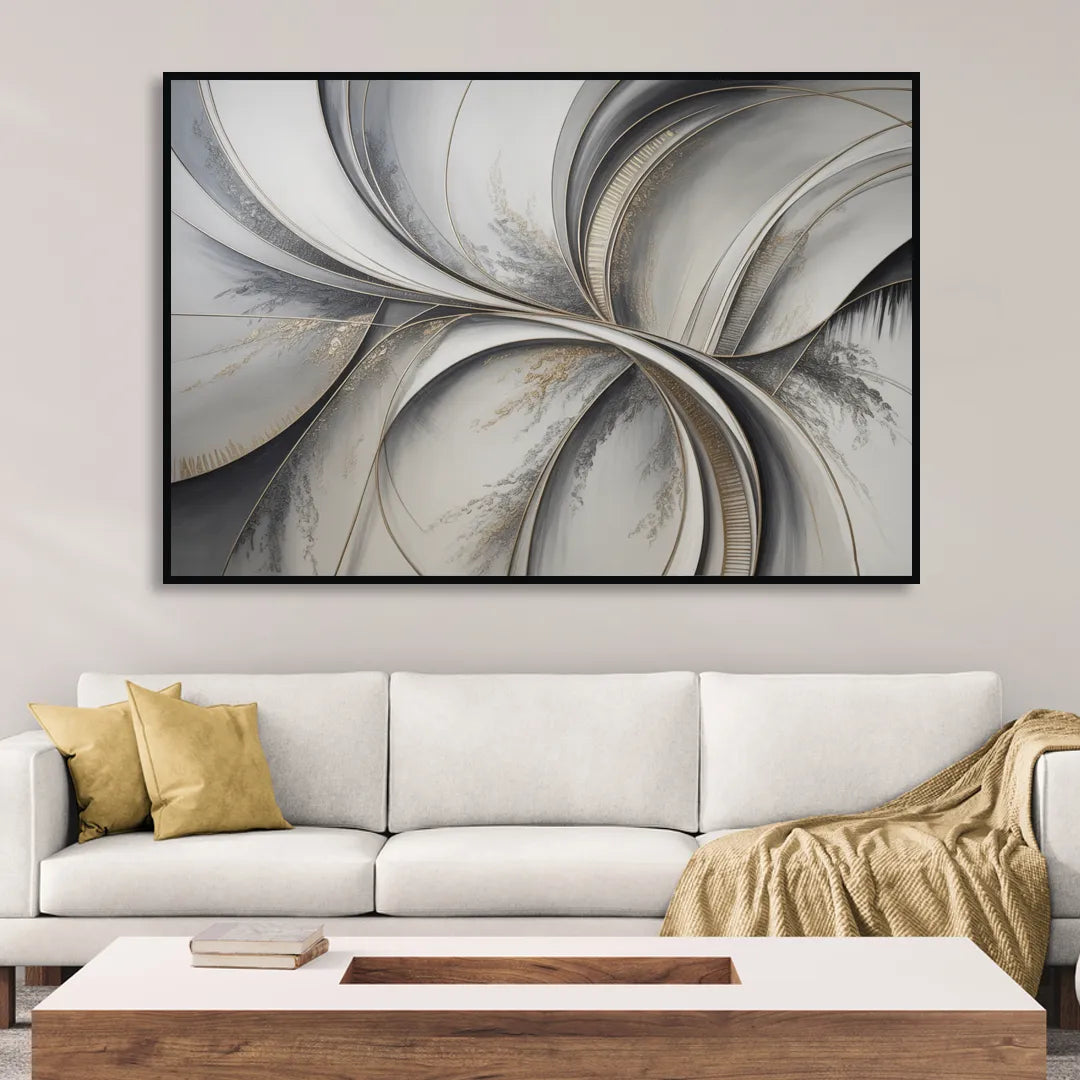 Sophisticated Harmony Grey and White Abstract Sitting Room - Black Canvas Wall Art