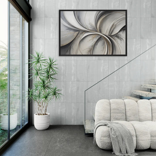 Sophisticated Harmony Grey and White Abstract - Living Room Black Frame Canvas