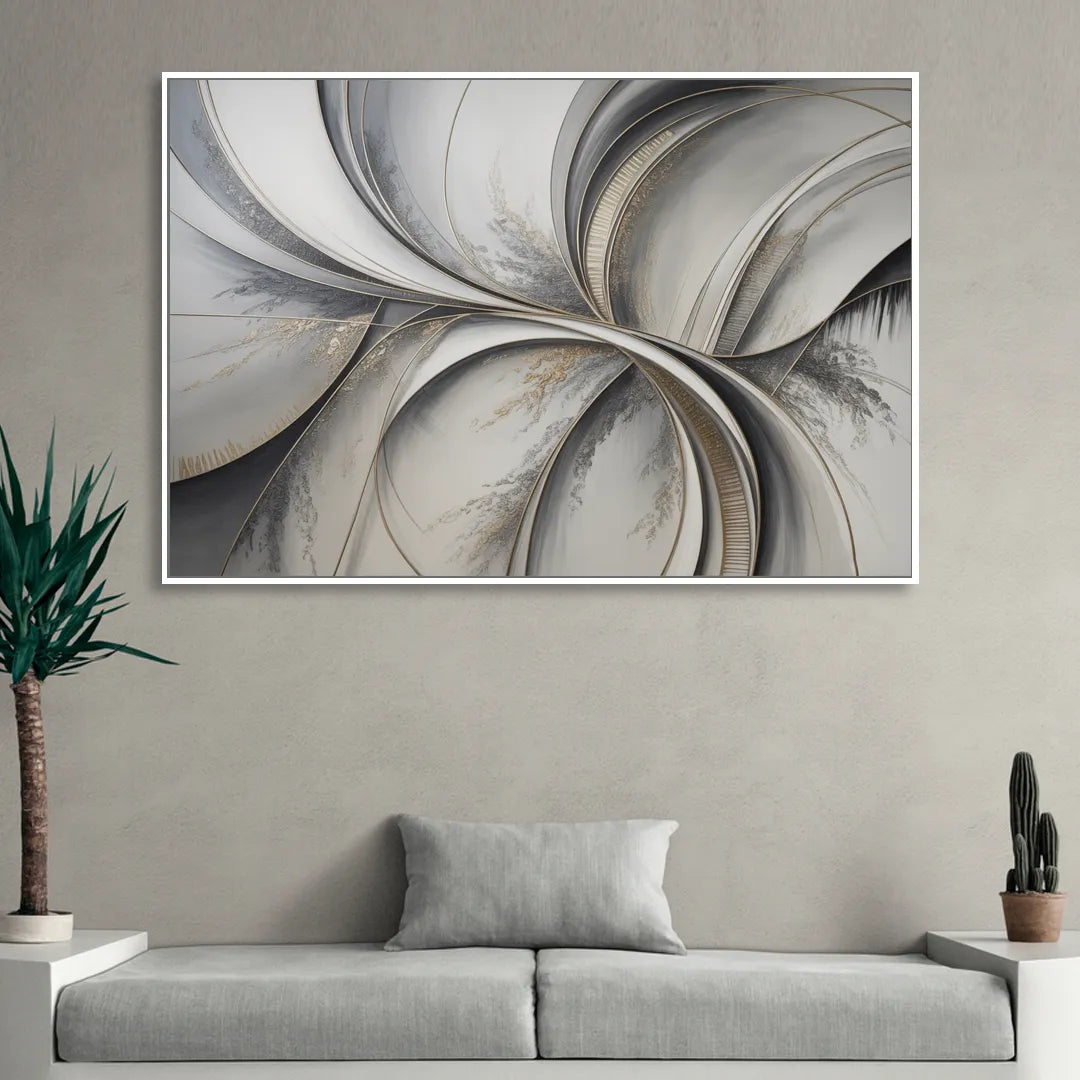 Sophisticated Harmony Grey and White Abstract Sitting Room - White Canvas Wall Art