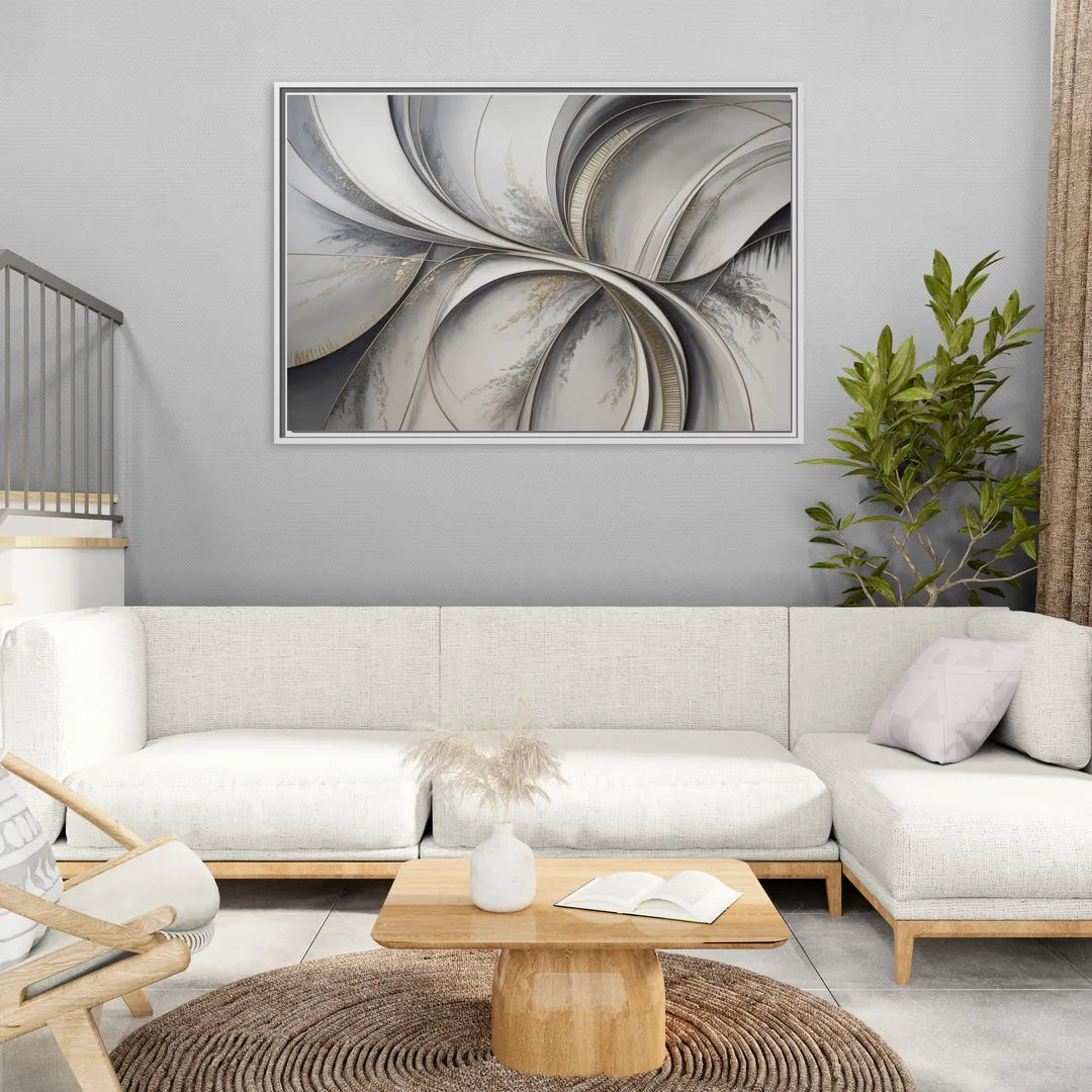 Sophisticated Harmony Grey and White Abstract - Living Room White Frame Canvas