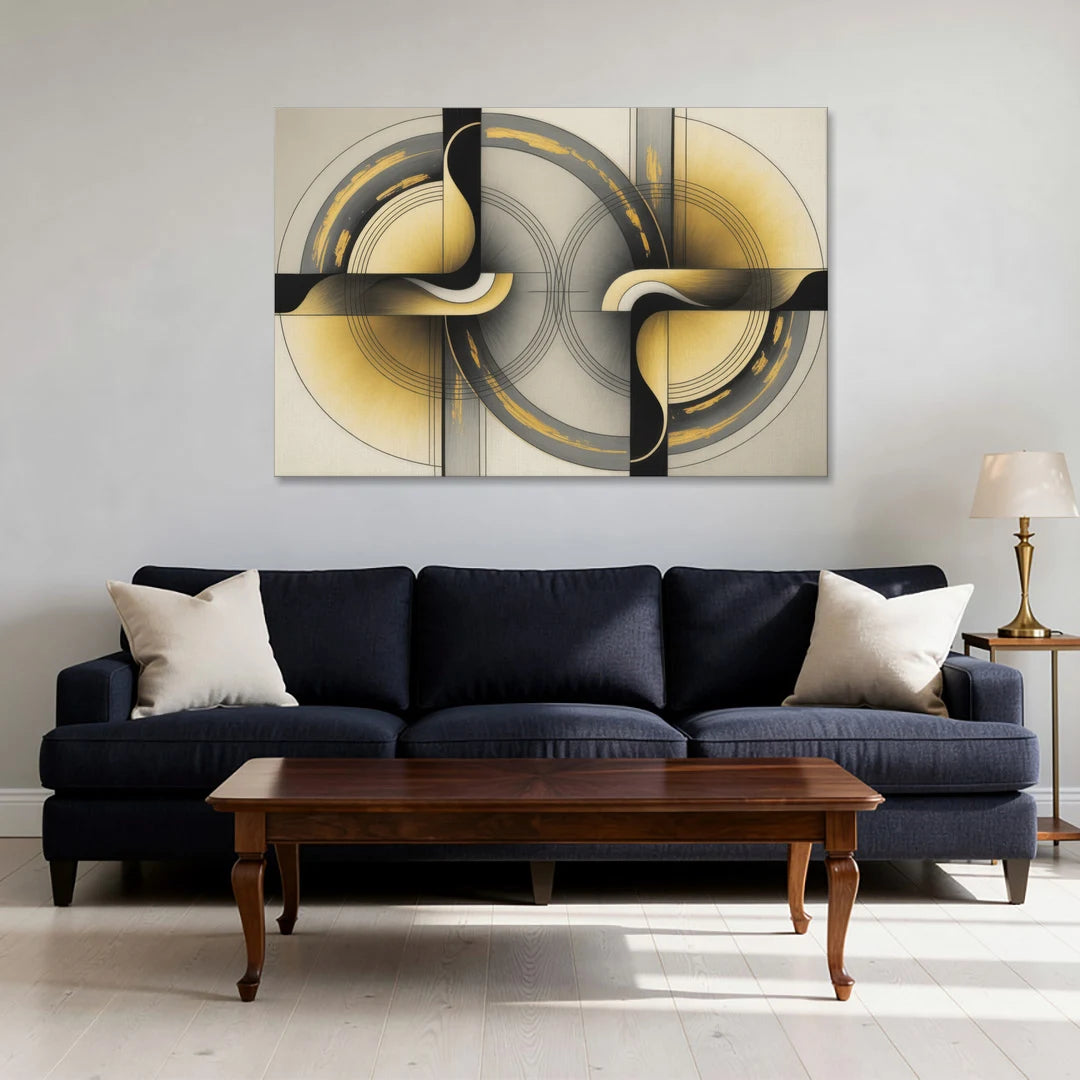 Sophisticated Harmony Yellow and Grey Abstract - Canvas Wall Art - Sofa - 48x32