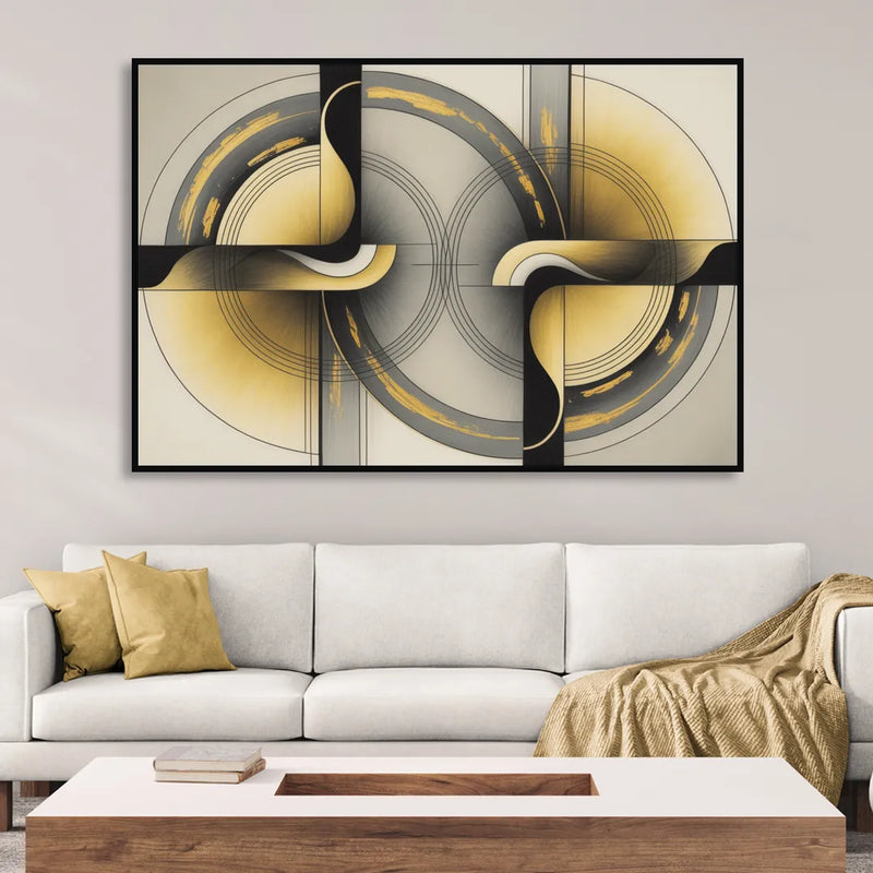 Sophisticated Harmony Yellow and Grey Abstract Living Room - Black Canvas Wall Art