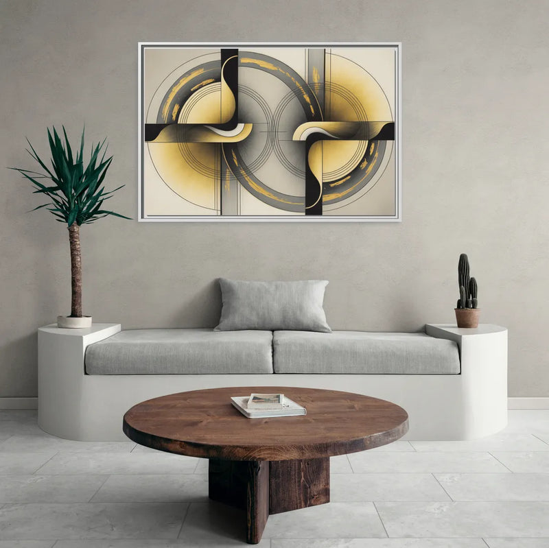 Sophisticated Harmony Yellow and Grey Abstract - Living Room White Frame Canvas
