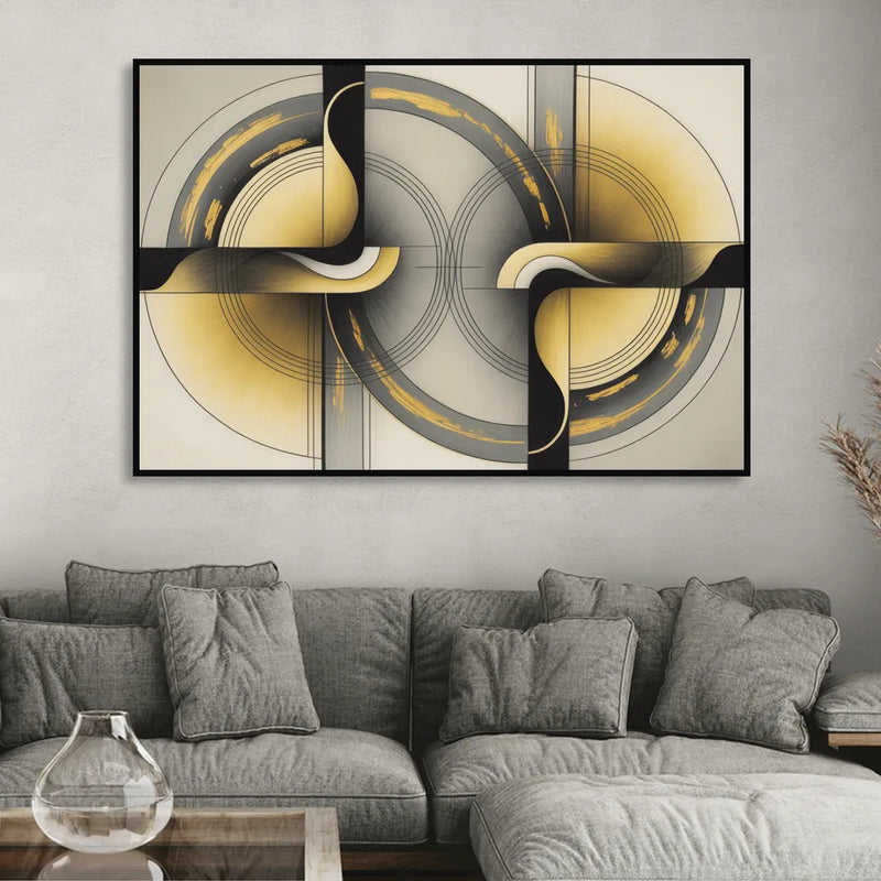 Sophisticated Harmony Yellow and Grey Abstract Sitting Room - Black Canvas Wall Art