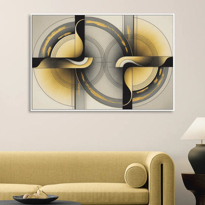 Sophisticated Harmony Yellow and Grey Abstract Sitting Room - White Canvas Wall Art