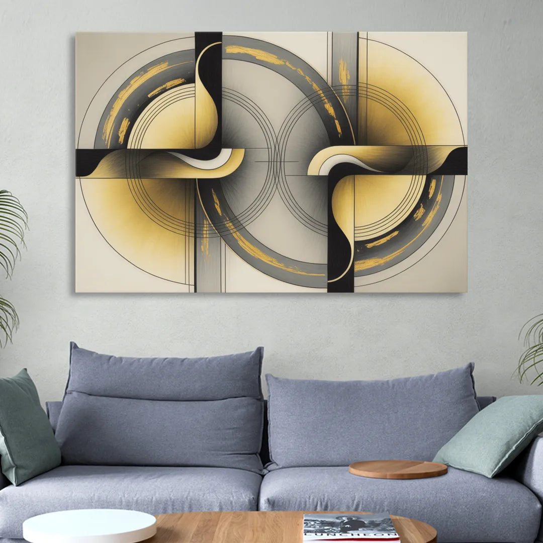 Sophisticated Harmony Yellow and Grey Abstract Living Room - Canvas Wall Art