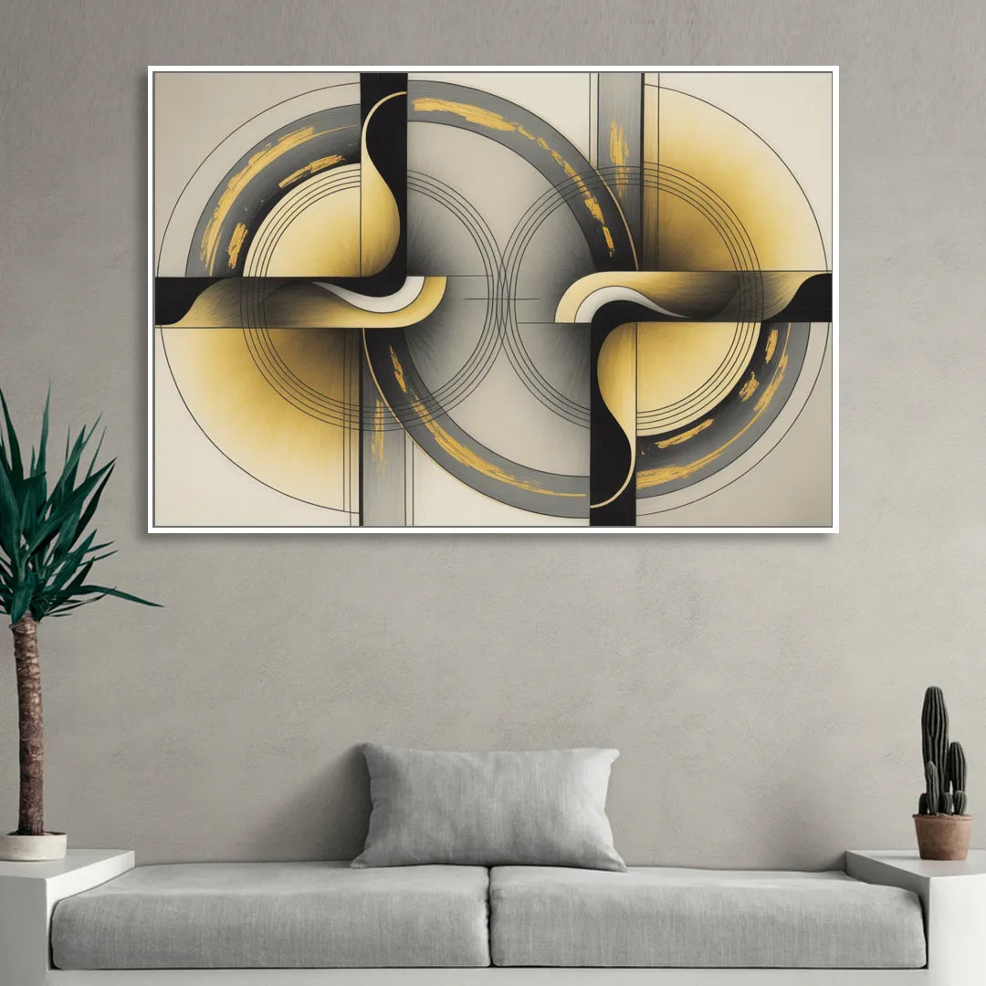 Sophisticated Harmony Yellow and Grey Abstract Living Room - White Canvas Wall Art