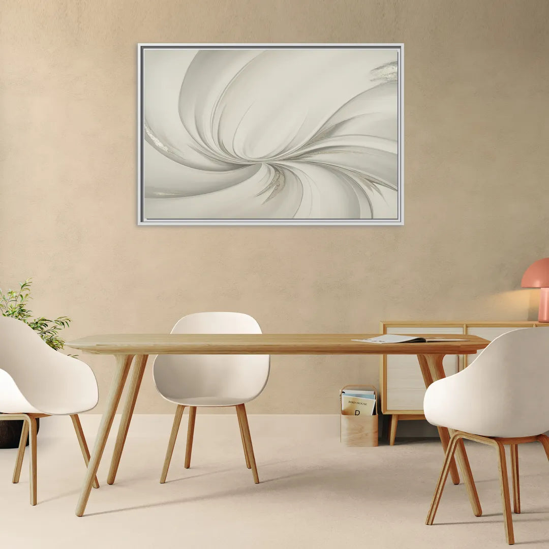 Sophisticated Swirling White Abstract - Living Room White Frame Canvas
