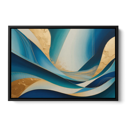 Sophisticated Tranquility Blue and Gold Abstract - Black Framed Canvas Wall Art - Front